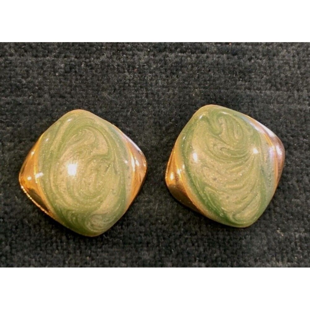 Vintage Olive Green Swirl Enamel, Gold-Tone Earrings, Squarish, 1x1"